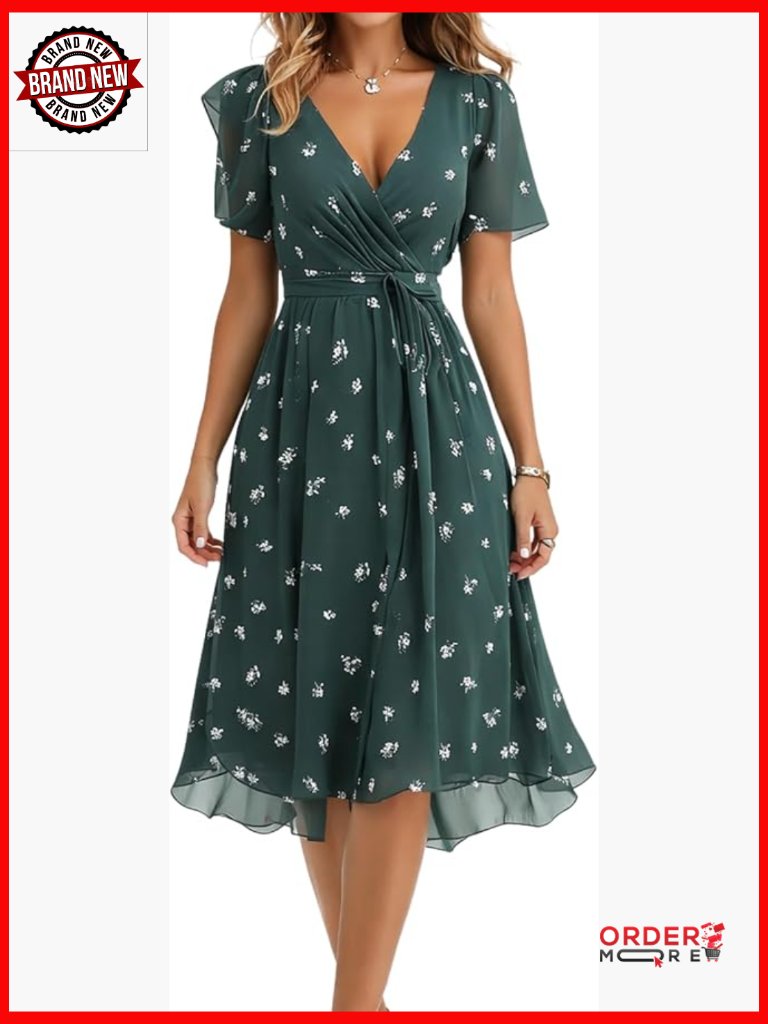 Floral Chiffon Midi Dress With Empire Waist & Flutter Sleeves